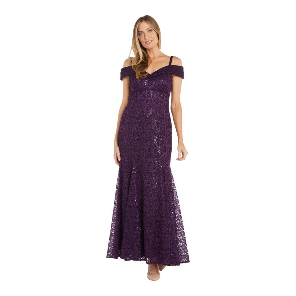 R & M Richards Women's Off-The-Shoulder Lace‎ Gown Plum Purple Size 16